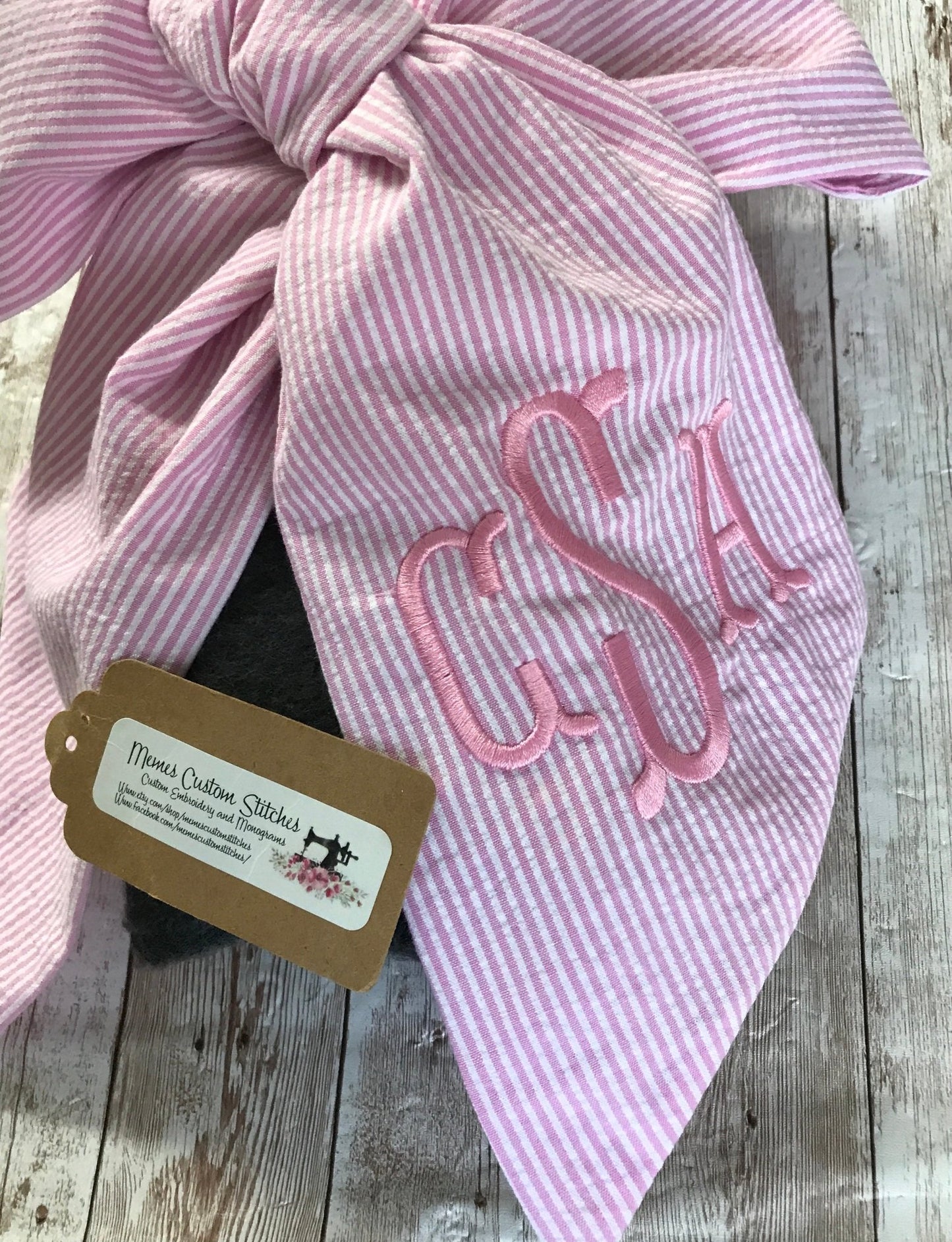 Personalized Handmade Wide Seersucker Monogram Baby Announcement Bow Maternity Sash - Memes Custom Stitches LLC