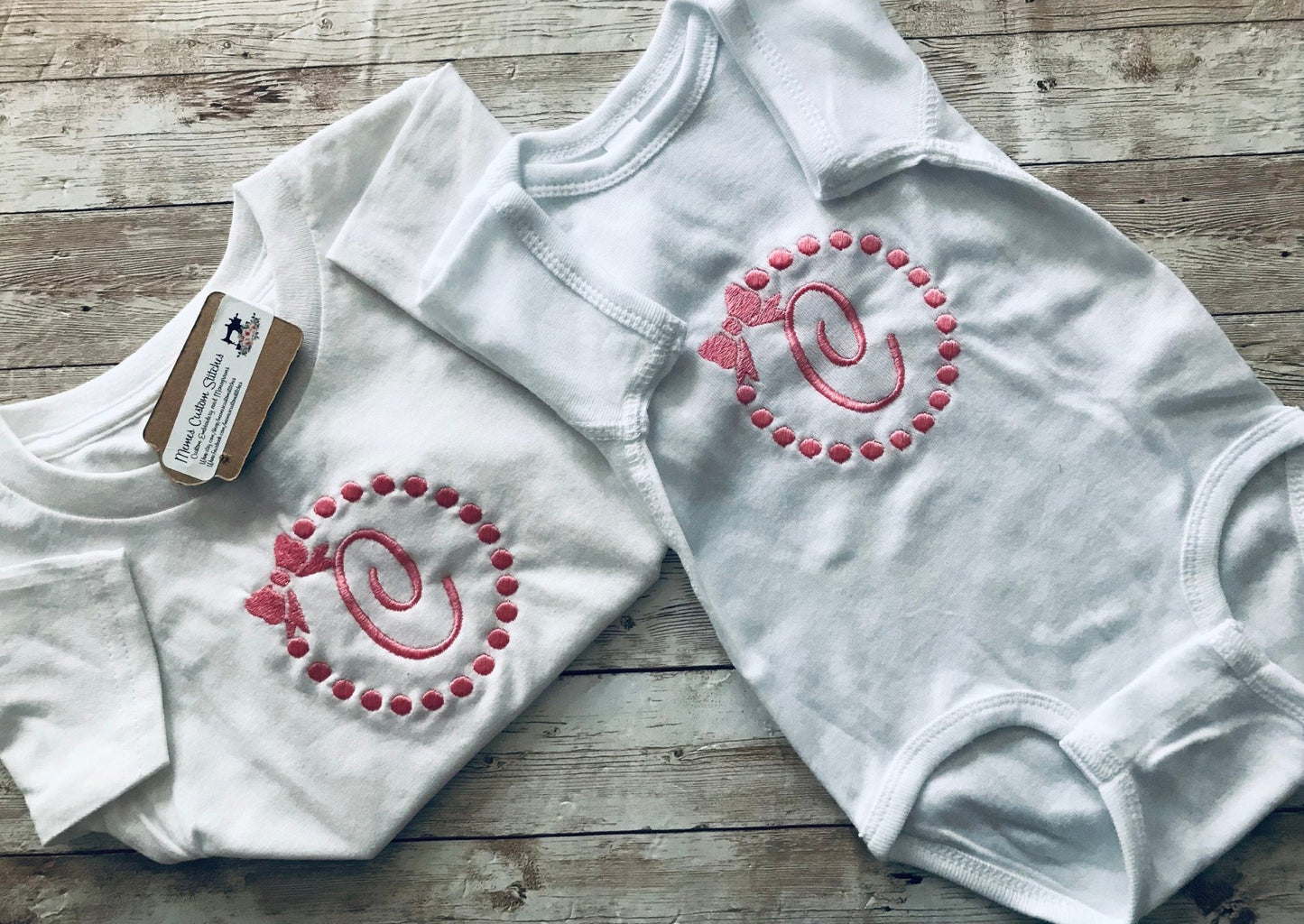 Personalized Initial Baby Girl Pink Bow Bodysuit Onesie Gift - Memes Custom Stitches LLC