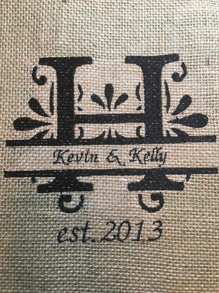 Personalized Initial Burlap Embroidered Pillow Wrap - Memes Custom Stitches LLC