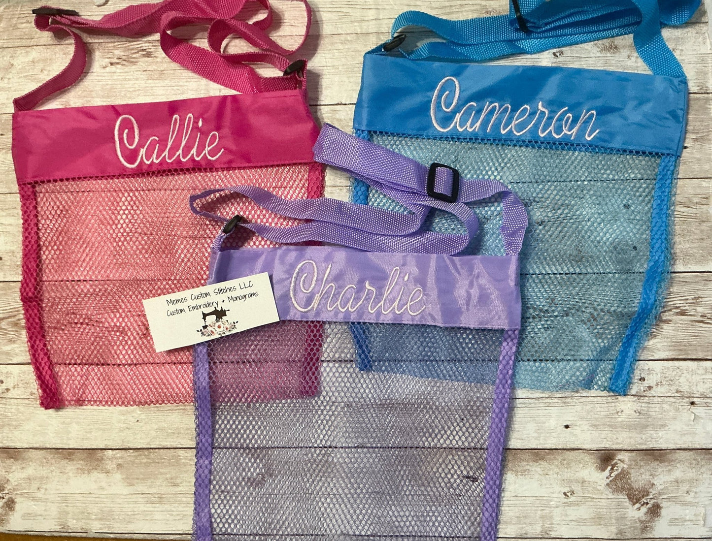 Personalized Kids Mesh Beach Bag | Custom Embroidered Name Bag | Adjustable Strap Child Crossbody Tote | Pool Bag | Vacation Bag | 8x8 Mesh Bag | Pink Blue Purple Yellow Lime - Memes Custom Stitches LLC