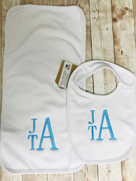 Personalized Monogram Baby Boy Bib Burp Cloth Blanket Set,Newborn Shower Gift - Memes Custom Stitches LLC