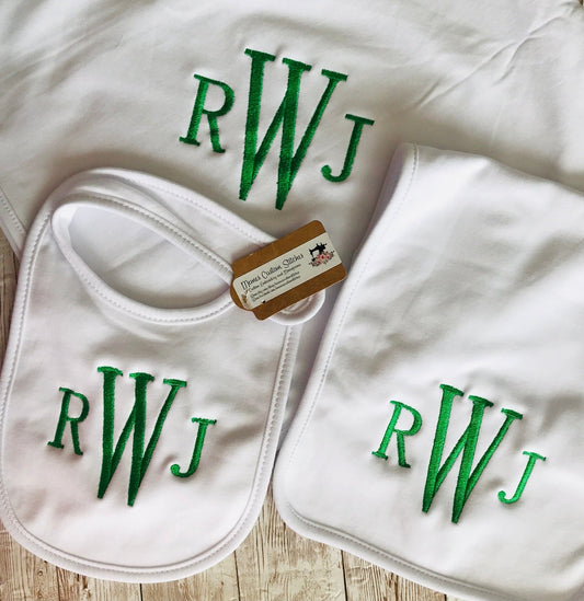 Personalized Monogram Baby Boy Bib Burp Cloth Blanket Sleep Set,Newborn Home Coming Shower Gift - Memes Custom Stitches LLC