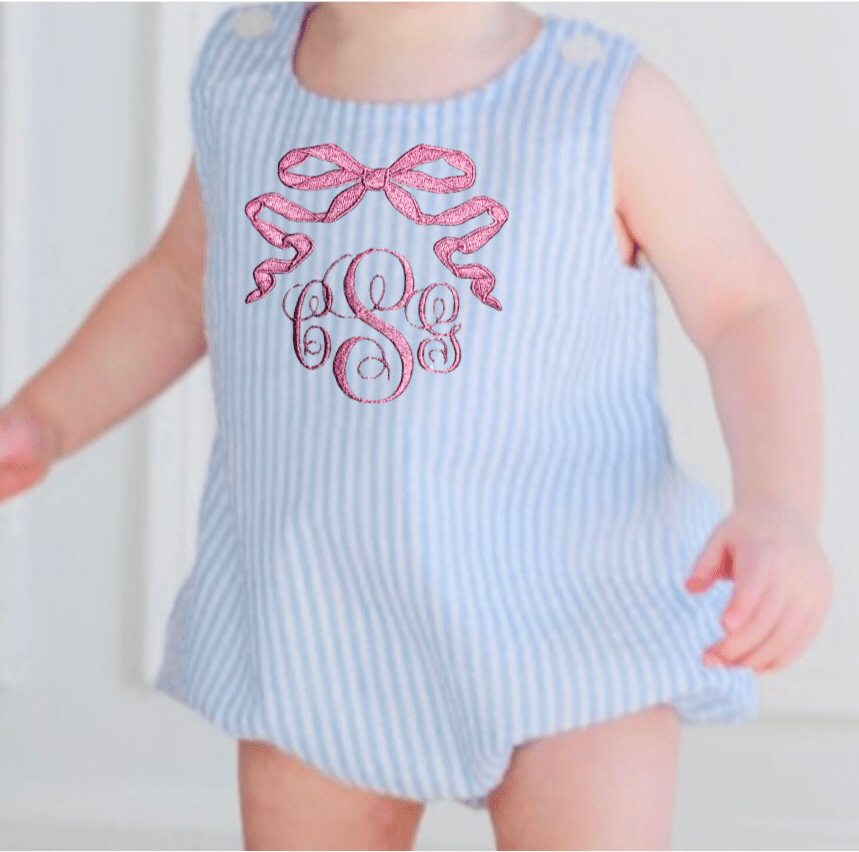 Personalized Monogram Pink Bow Baby Girls Toddler Summer Sun Bubble Romper - Memes Custom Stitches LLC