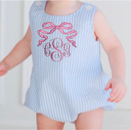 Personalized Monogram Pink Bow Baby Girls Toddler Summer Sun Bubble Romper - Memes Custom Stitches LLC