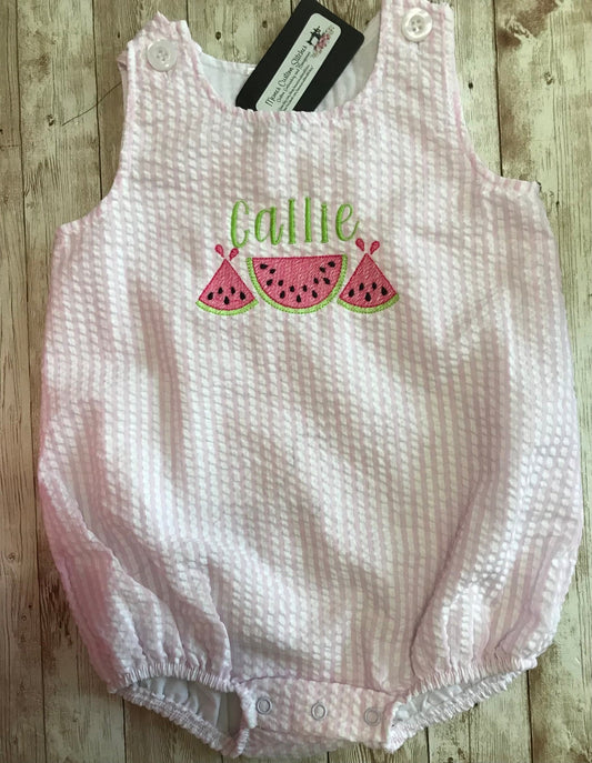 Personalized Name Baby Girls Toddler Watermelon Summer Vacation Seersucker Sun Bubble Romper - Memes Custom Stitches LLC