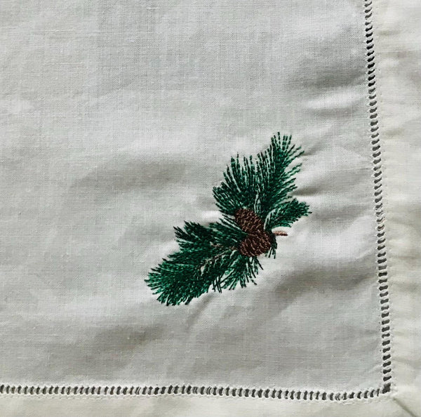 Pine Cone Sprig Cloth Linen Hemstitch Napkin Winter Table Decor - Memes Custom Stitches LLC