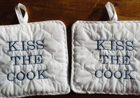 Set of Two Handmade Kiss The Cook Pot Holders, Chef Valentine Gifts - Memes Custom Stitches LLC