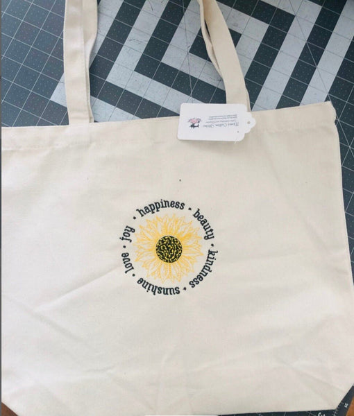 Sunflower Medium Weight Canvas Tote, Embroidered Market Grocery Tote Bag, Sunflower Lover Gift - Memes Custom Stitches LLC