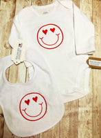 Valentines Love Hearts Smiley Face Baby Girl Boy Bodysuit Onesie and Bib Set , Newborn Shower Gift - Memes Custom Stitches LLC