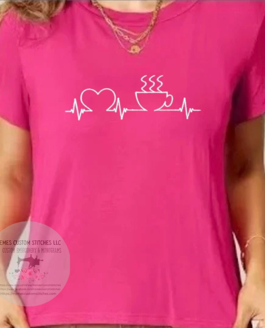 Women Coffee Heartbeat Love Embroidered T-shirt, Coffee Lover Gift, Gift for Her, Birthday Gift for Coffee Lover - Memes Custom Stitches LLC