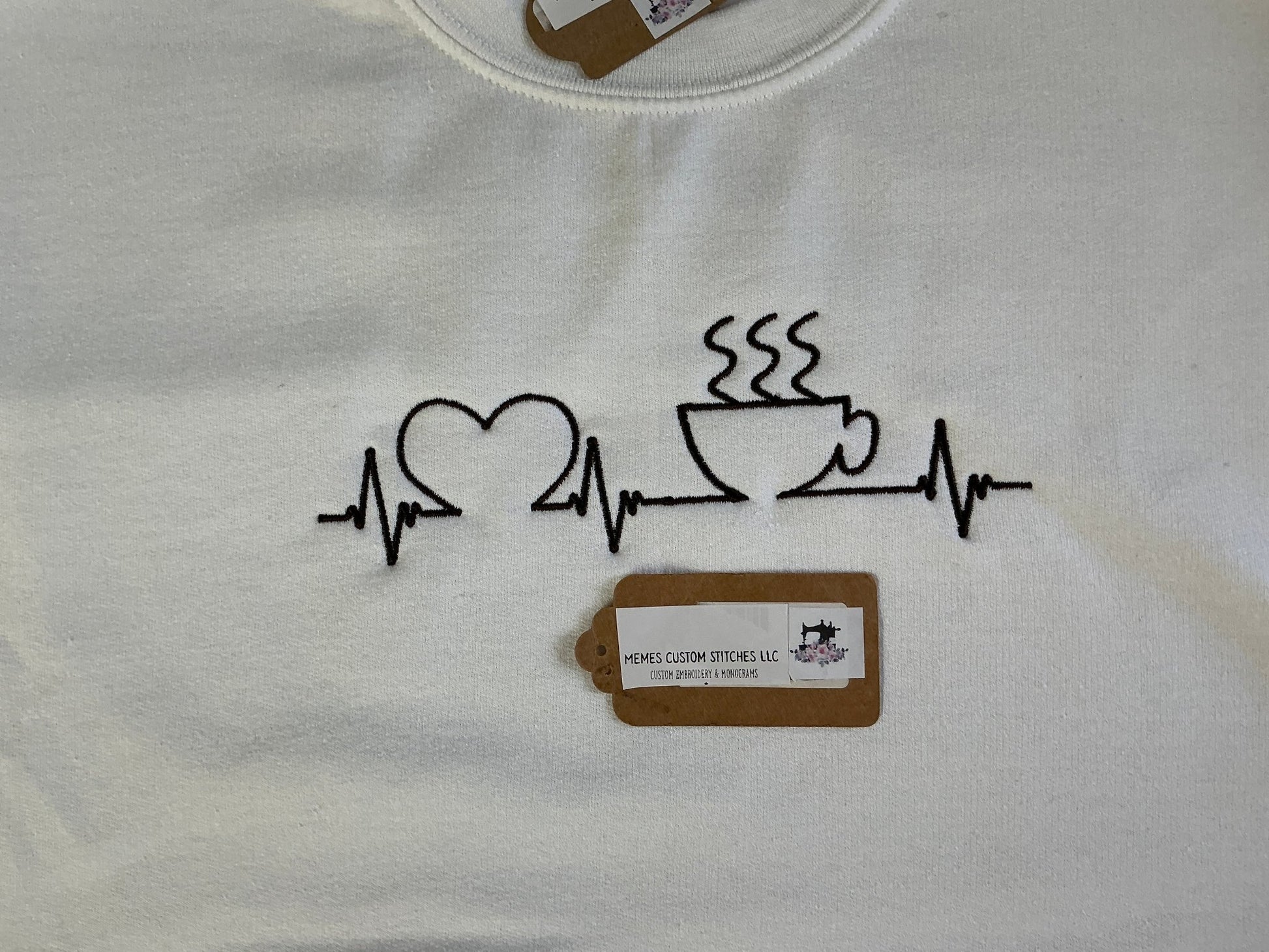 Women’s Coffee Heartbeat Adult Unisex Fleece Embroidered Crew Sweatshirt - Memes Custom Stitches LLC