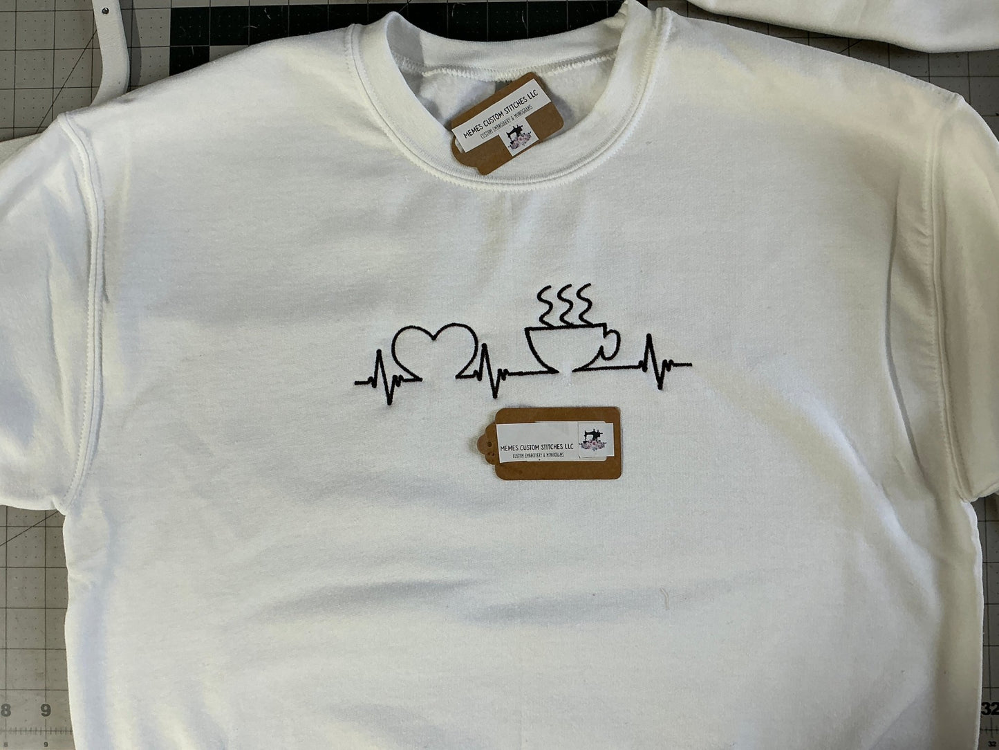 Women’s Coffee Heartbeat Adult Unisex Fleece Embroidered Crew Sweatshirt - Memes Custom Stitches LLC