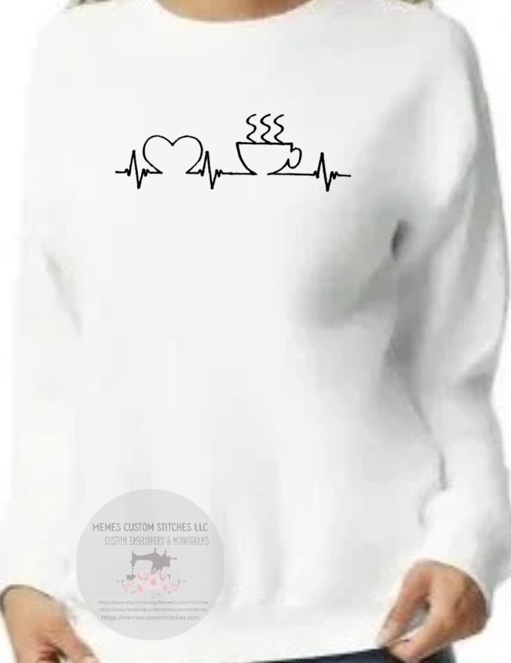 Women’s Coffee Heartbeat Adult Unisex Fleece Embroidered Crew Sweatshirt - Memes Custom Stitches LLC