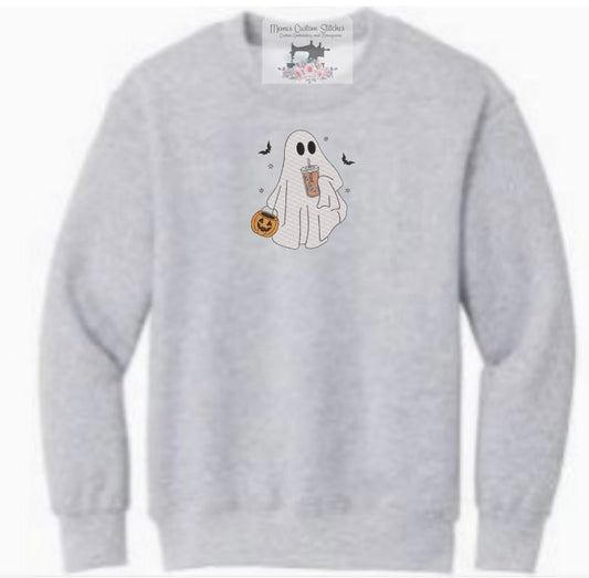 Women’s Halloween Ghost Coffee Adult Unisex Fleece Embroidered Crew Sweatshirt - Memes Custom Stitches LLC
