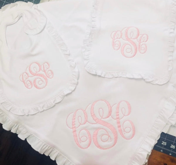 Newborn  Home Coming Monogram Ruffled Set, New Mom Baby Girl Shower Gift Memes Custom Stitches
