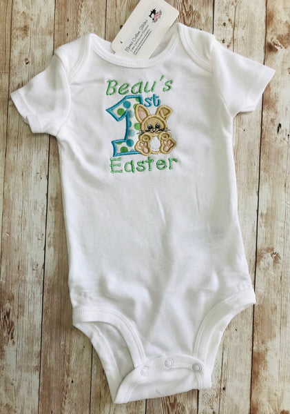 First Easter Bunny Personalized Name Baby Infant Short Sleeve White  Bodysuit Onesie memescustomstitches
